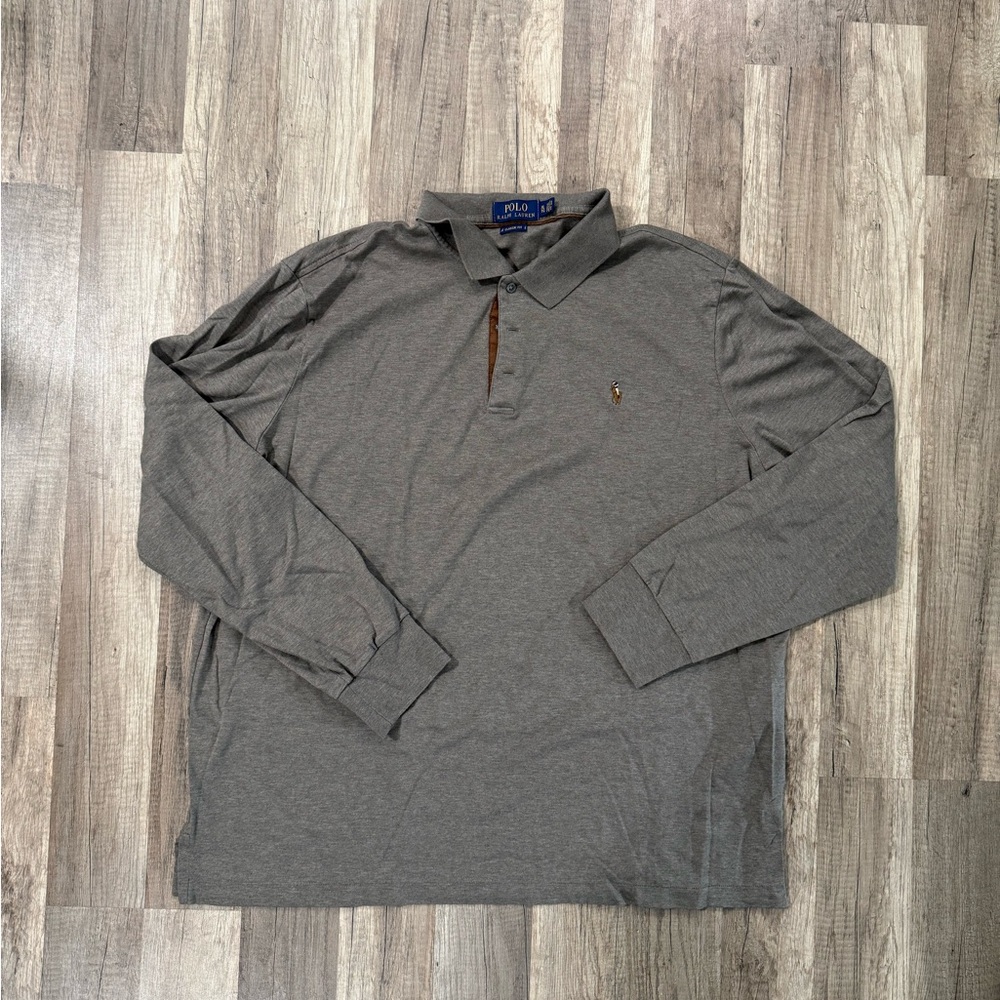 Polo by Ralph Lauren Long Sleeve Polo Shirt in Heather Gray with Brown Accents